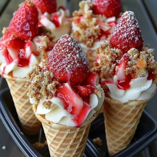 Strawberry crunch cheesecake cones topped with strawberries and crunchy bits