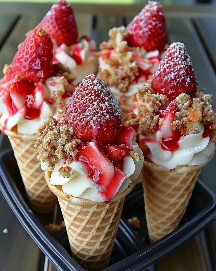 Strawberry crunch cheesecake cones topped with strawberries and crunchy bits