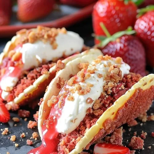 Strawberry Crunch Cheesecake Tacos with fresh strawberries and crunchy topping