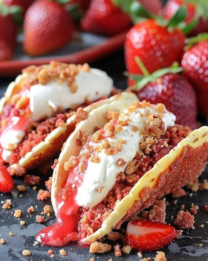 Strawberry Crunch Cheesecake Tacos with fresh strawberries and crunchy topping