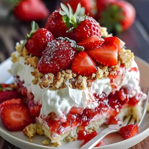 Delicious Strawberry Crunch Poke Cake topped with crunchy bits and fresh strawberries