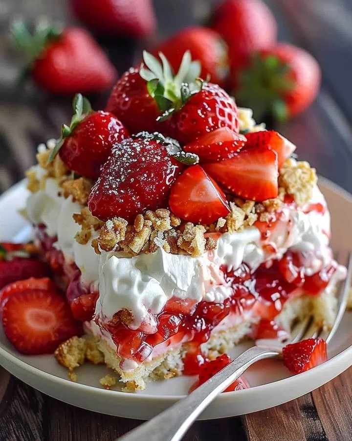 Delicious Strawberry Crunch Poke Cake topped with crunchy bits and fresh strawberries