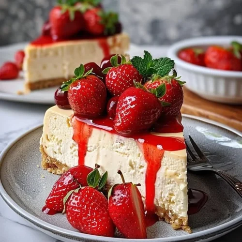 Strawberry Double Cheese Cheesecake topped with fresh strawberries and whipped cream