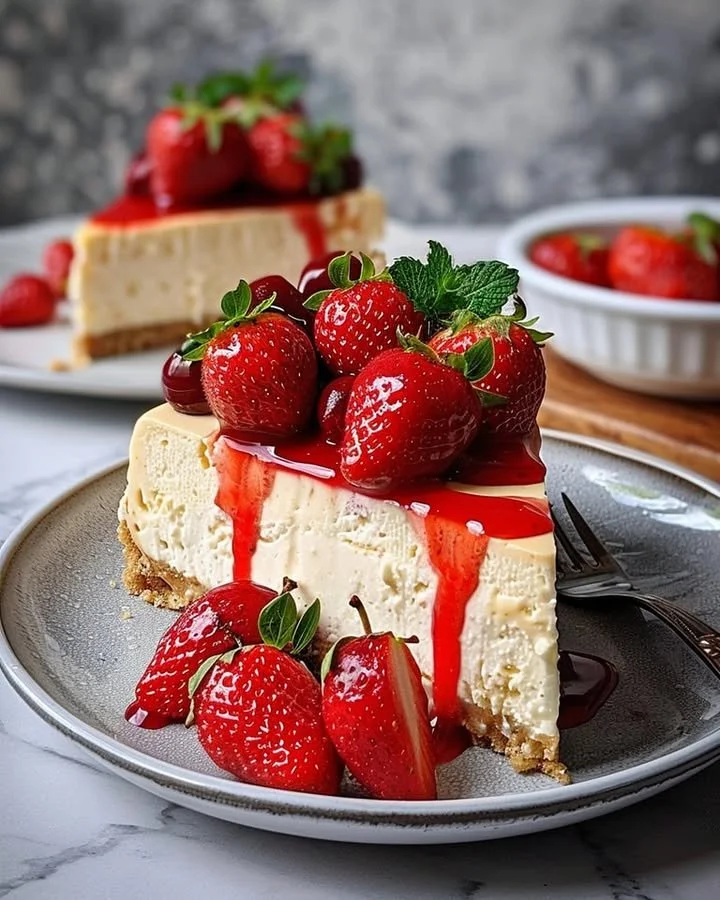 Strawberry Double Cheese Cheesecake topped with fresh strawberries and whipped cream