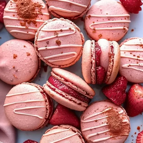 Strawberry Macarons with vibrant pink shells and creamy filling