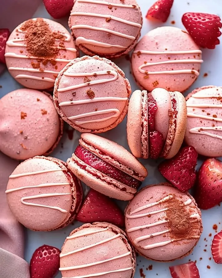 Strawberry Macarons with vibrant pink shells and creamy filling