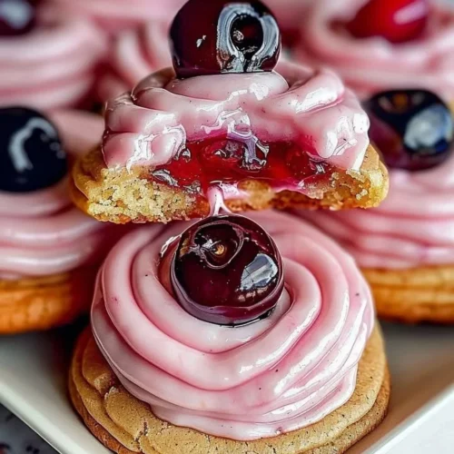 Delicious strawberry frosted cookies topped with cherry glaze.
