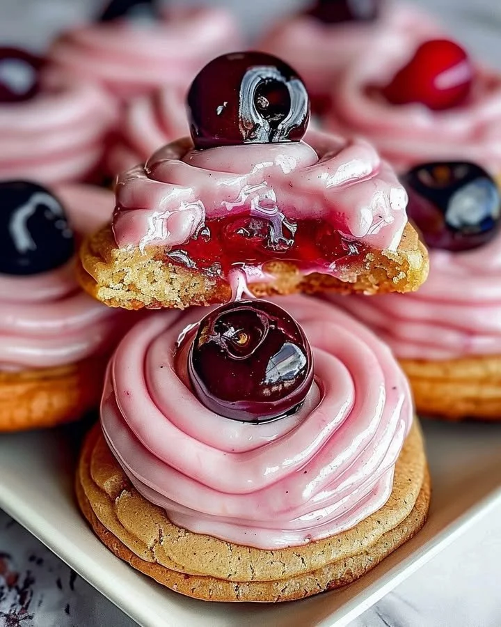Delicious strawberry frosted cookies topped with cherry glaze.