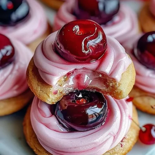 Deliciously decorated Strawberry Frosted Cherry Cookies on a plate