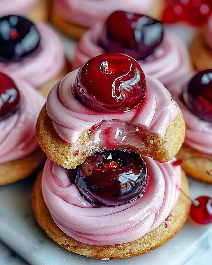 Deliciously decorated Strawberry Frosted Cherry Cookies on a plate