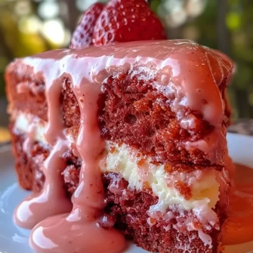 Delicious Strawberry Honeybun Cake with Strawberry Cream Icing on a plate