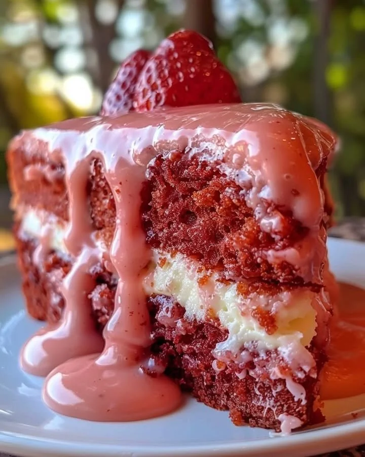 Delicious Strawberry Honeybun Cake with Strawberry Cream Icing on a plate