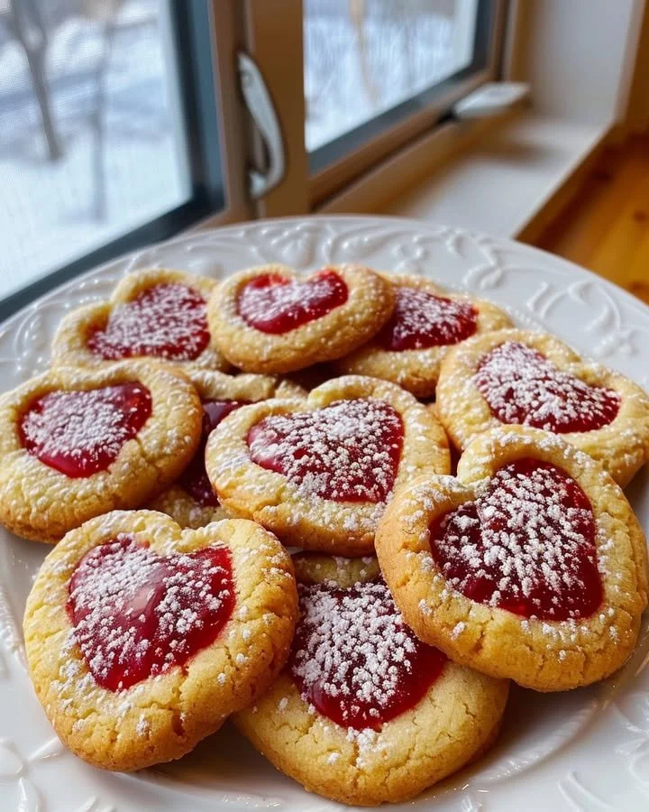 Delicious strawberry kiss cookies decorated with fresh strawberries.