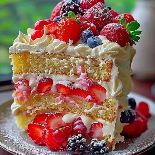 Delicious Strawberry Lemon Layer Cake with fresh strawberries and lemon frosting