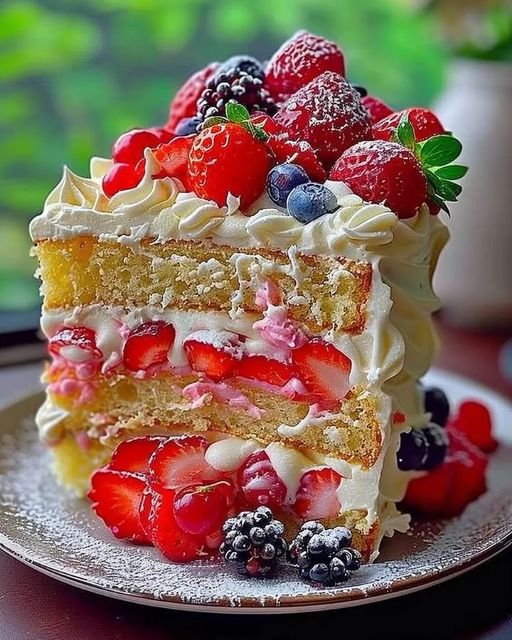 Delicious Strawberry Lemon Layer Cake with fresh strawberries and lemon frosting