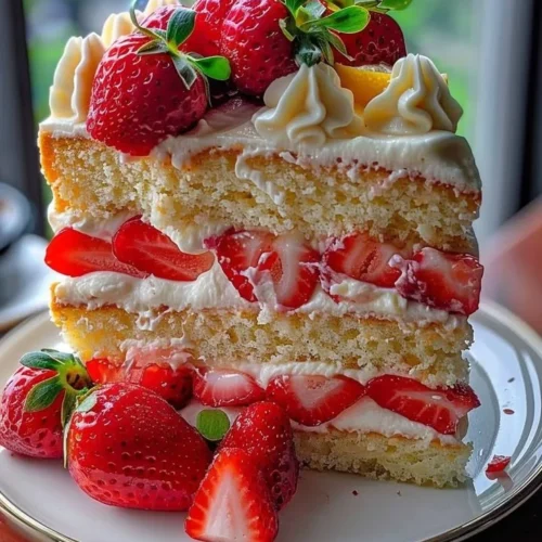 Strawberry Lemon Layer Cake with fresh strawberries and lemon frosting.