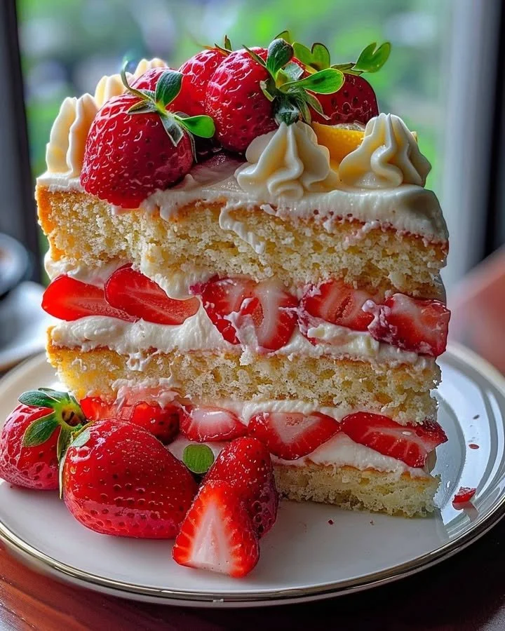 Strawberry Lemon Layer Cake with fresh strawberries and lemon frosting.