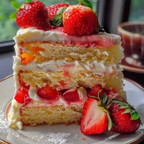 Delicious Strawberry Lemon Layer Cake with layers of fresh strawberries and lemon frosting.