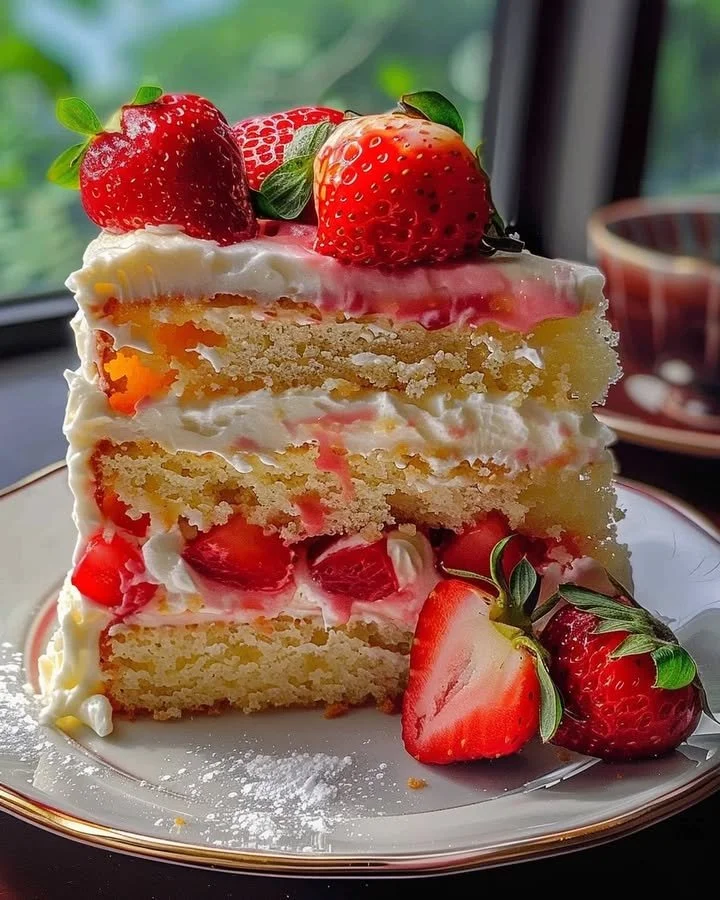 Delicious Strawberry Lemon Layer Cake with layers of fresh strawberries and lemon frosting.