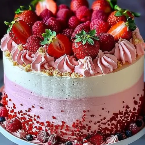 Delicious strawberry ombre cake with whipped cream frosting, showcasing beautiful layers.
