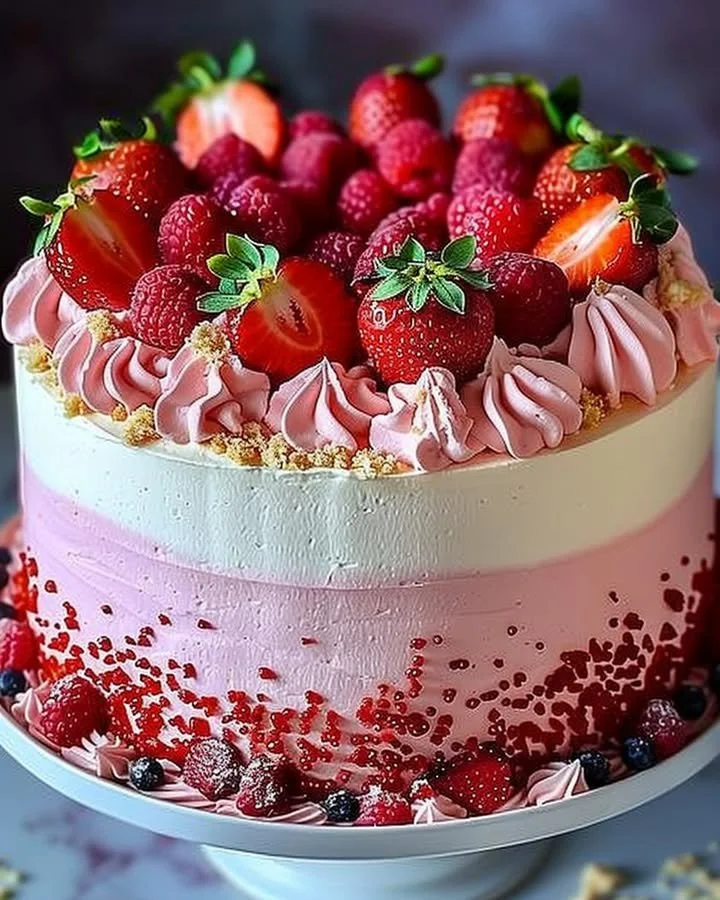 Delicious strawberry ombre cake with whipped cream frosting, showcasing beautiful layers.