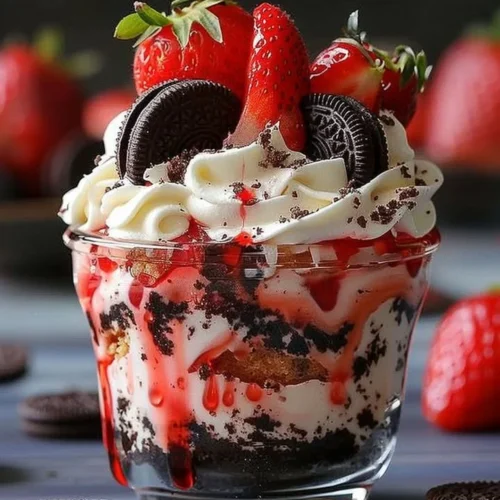 Delicious Strawberry Oreo Cheesecake Cup topped with fresh strawberries and cream