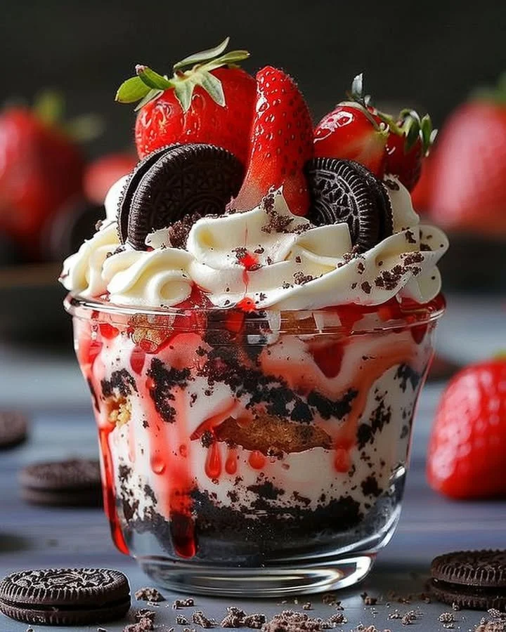 Delicious Strawberry Oreo Cheesecake Cup topped with fresh strawberries and cream