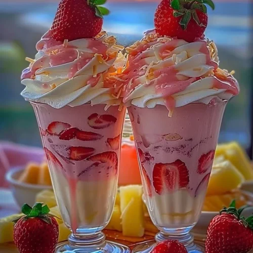 Delicious Strawberry Piña Colada Cake with Malibu frosting on a white plate