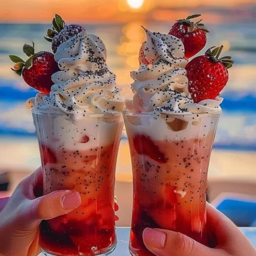 Strawberry Piña Colada with Malibu frosting served in a tropical glass