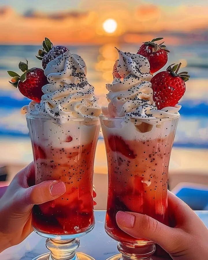 Strawberry Piña Colada with Malibu frosting served in a tropical glass