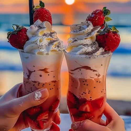 Strawberry Piña Colada cocktail with Malibu frosting on top
