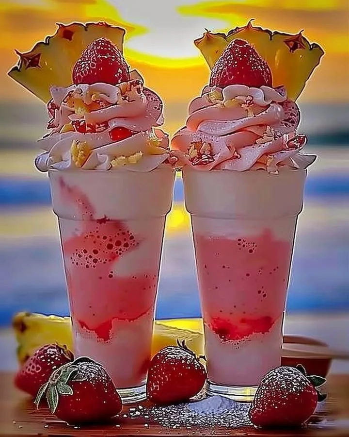 Strawberry Piña Colada topped with creamy Malibu frosting garnished with strawberries