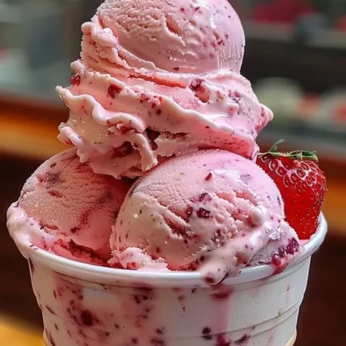 Delicious strawberry ice cream in a bowl topped with fresh strawberries and mint
