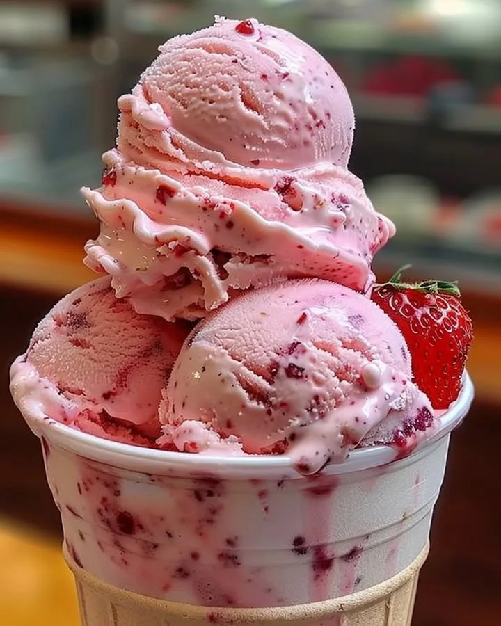 Delicious strawberry ice cream in a bowl topped with fresh strawberries and mint