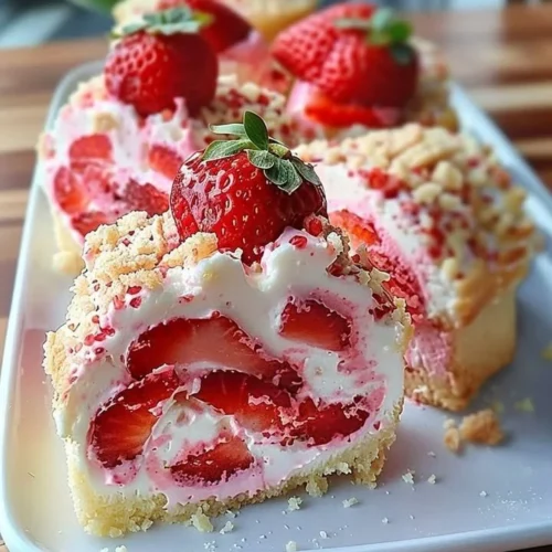 Delicious Strawberry Shortcake Cheesecake topped with fresh strawberries and whipped cream.