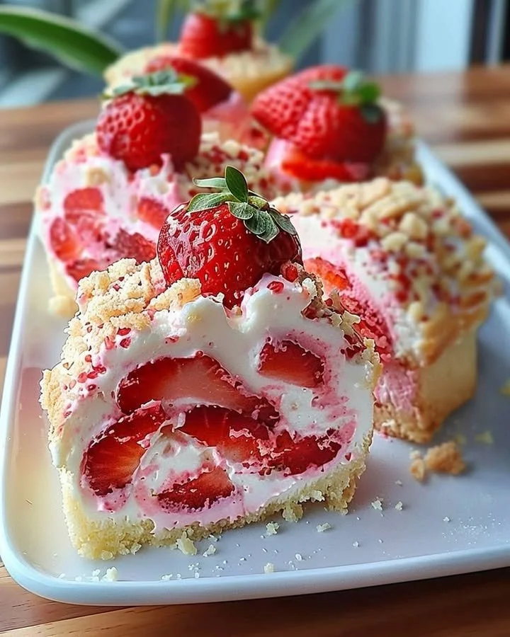 Delicious Strawberry Shortcake Cheesecake topped with fresh strawberries and whipped cream.