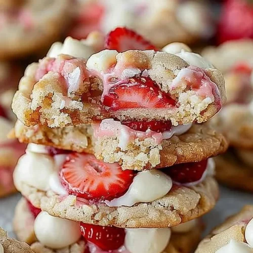 Delicious strawberry shortcake cheesecake stuffed cookies ready to be enjoyed.
