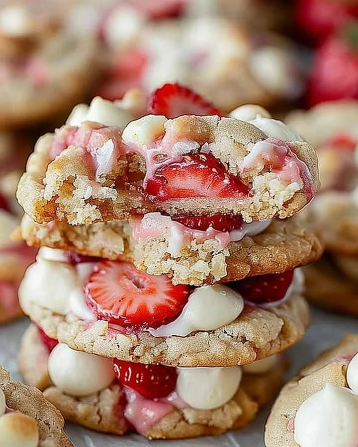 Delicious strawberry shortcake cheesecake stuffed cookies ready to be enjoyed.