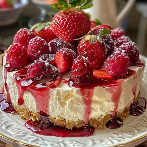 Delicious Strawberry Swirl Cheesecake topped with fresh strawberries.