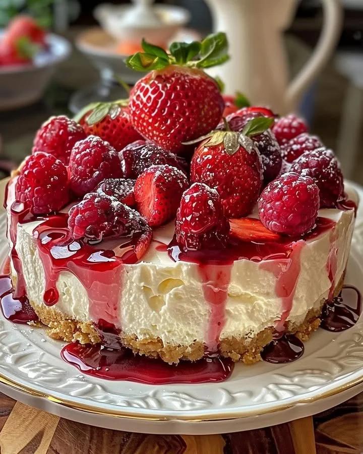 Delicious Strawberry Swirl Cheesecake topped with fresh strawberries.