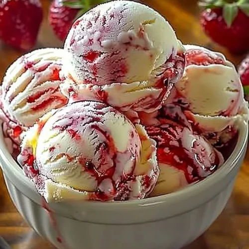 Delicious strawberry swirl ice cream in a bowl with fresh strawberries