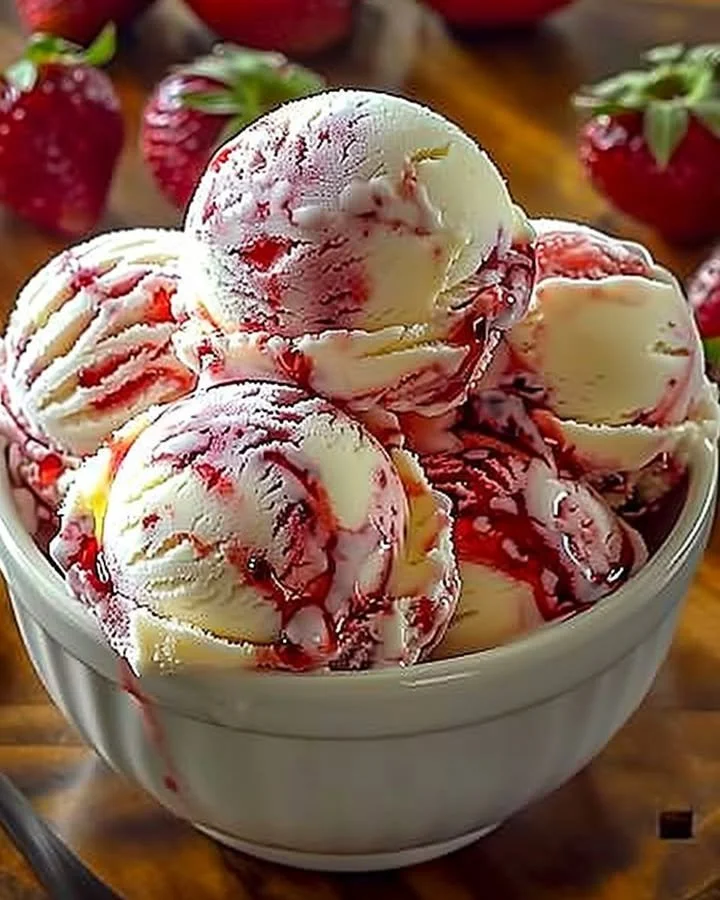 Delicious strawberry swirl ice cream in a bowl with fresh strawberries