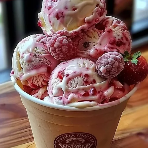 Delicious bowl of strawberry vanilla bean ice cream topped with fresh strawberries