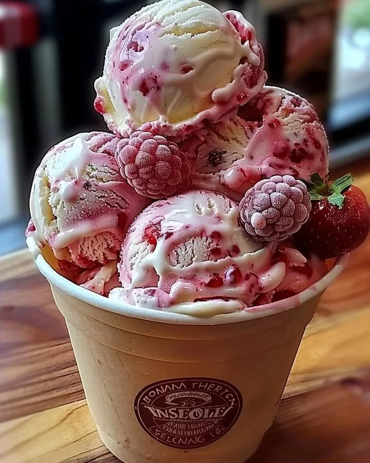 Delicious bowl of strawberry vanilla bean ice cream topped with fresh strawberries