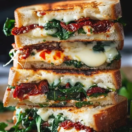 Sun-dried tomato spinach and ricotta grilled cheese sandwich on a plate