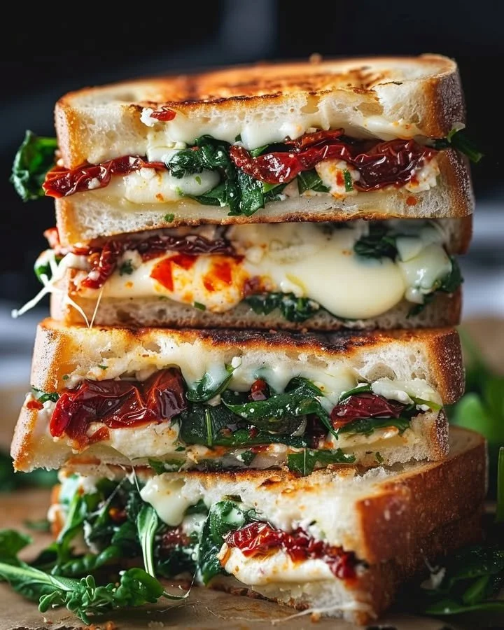Sun-dried tomato spinach and ricotta grilled cheese sandwich on a plate