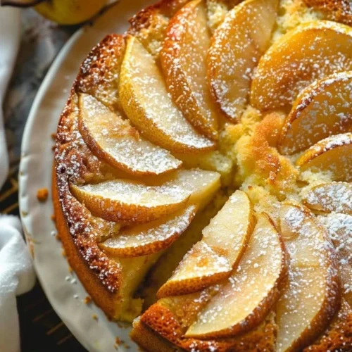 Slice of super moist pear cake on a plate, garnished with fresh pear slices.