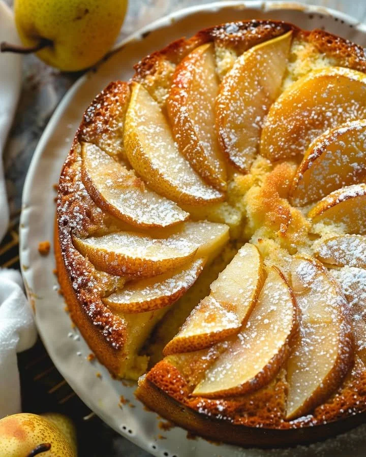 Slice of super moist pear cake on a plate, garnished with fresh pear slices.