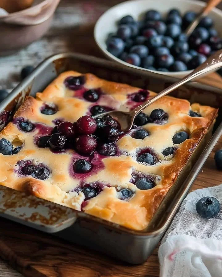 Sweet and tangy cottage cheese blueberry bake topped with fresh blueberries