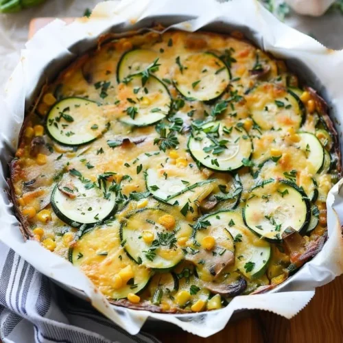 Delicious sweet corn and zucchini pie served on a rustic table.